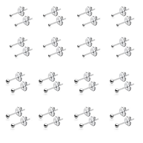 15 Pairs Surgical Steel Ball Stud Earrings Set | Fadeless, PVD Plating, Stainless Steel, Fadeless, Waterproof, High Polish, Hypoallergenic - color: Silver 16Pairs (2mm 3mm )