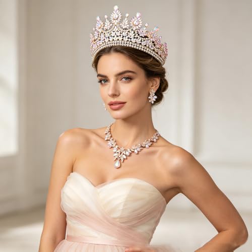 Crowns and Tiaras Jewelry Set for Women.Wedding (Gold Green) | Wedding Crown, Necklace Earrings, Princess Queen Birthday Party, Pageant Bridal, Costume Accessories - color: Gold AB