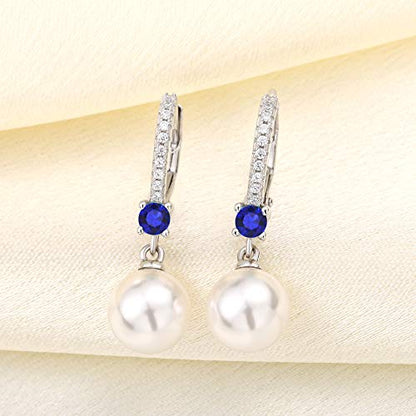 JO WISDOM 925 Sterling Silver Freshwater Pearl Hoop Earrings with Dangle Real Pearl,Simulated Pearls - color: B-8mm white pearl,blue sapphire