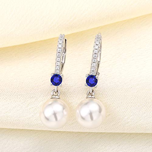 JO WISDOM 925 Sterling Silver Freshwater Pearl Hoop Earrings with Dangle Real Pearl,Simulated Pearls - color: B-8mm white pearl,blue sapphire