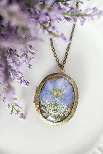 Handmade Oval Shaped Photo Locket with dried Pressed Flowers Locket pendant Necklace - style: Purple Larkspur