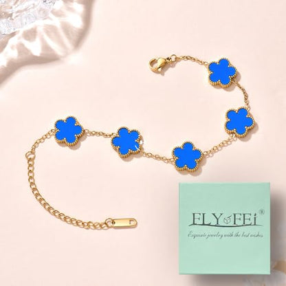 FLY FEI 18K Gold-Plated Four Leaf Clover Bracelet for Women,Adjustable lucky Bracelet Set Jewelry Gift-Hypoallergenic Charm for Birthdays, Wellness & Daily Wear - color: style01-Blue