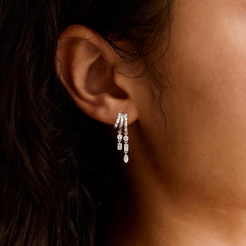 Dangle Earrings for Women,14k Gold Plated Triple Huggie Stud Earrings Cute Statement Chain Earring Dainty Drop Earrings for Women Trendy Gold Plated Jewelry - color: silver -dangle 4