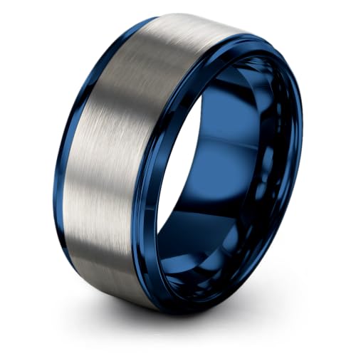 Tungsten Wedding Band Ring Black 10mm Men Women Comfort Fit 18k Rose Gold Step Edge Brushed Polished - color: Blue Grey Tungsten
