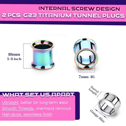 2Pcs G23 Titanium Double Flared Earrings Internally Threaded Gauges for Ears Weights Eyelet Tunnel Plug Stretching Kit From 3mm to 25mm Women Men - color: Rainbow, size: 7mm-1G