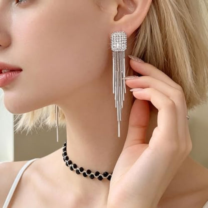 Rhinestone Tassel Earrings for Women, Elegant Long Silver Dangle Earrings for Wedding Party Formal Event Fashion Jewelry