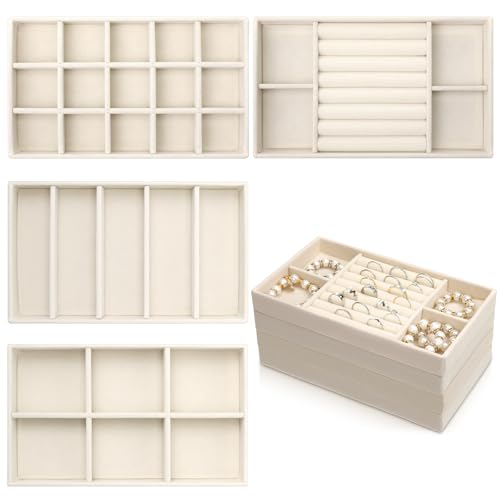 4 Pcs Stackable Jewelry Organizer Trays, 8 x 5 x 1 Inch Velvet Jewelry Trays Beige Jewellery Drawer Inserts Organizer Display Case Storage with Removable Dividers for Earring, Necklace, Rings