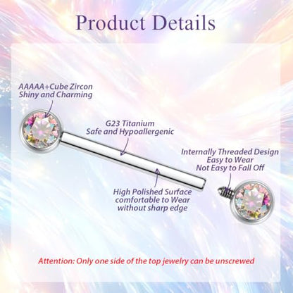 FUNLMO 2pcs Nipple Piercing Jewelry Titanium Nipple Rings Internally Threaded Tongue Rings Bridge Piercing Jewelry Nipple Barbells 14G 12-20mm - color: Silver,Aurora Borealis CZ