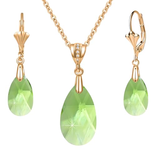 Austrian Crystals Teardrop Pendant Necklace Earrings for Women 14K Gold Plated Hypoallergenic Leverback Drop Dangle Earrings Jewelry Set - color: Green
