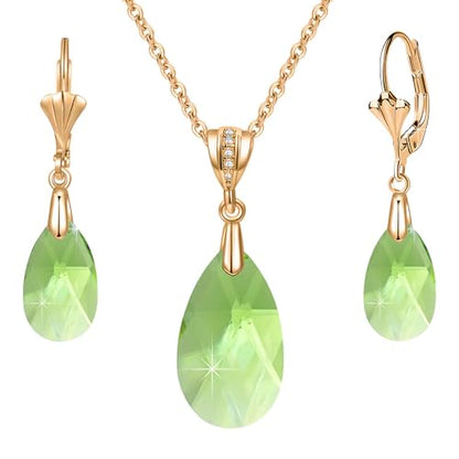 Austrian Crystals Teardrop Pendant Necklace Earrings for Women 14K Gold Plated Hypoallergenic Leverback Drop Dangle Earrings Jewelry Set - color: Green