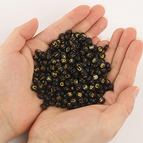 Acrylic Letter Beads Alphabet Gold Letter Black Cube Beads for Friendship Bracelets and Gifts Souvenir Jewelry Making(7 * 4mm Round,1000pcs) - color: Gold Black(Round)