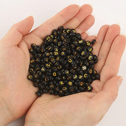 Acrylic Letter Beads Alphabet Gold Letter Black Cube Beads for Friendship Bracelets and Gifts Souvenir Jewelry Making(7 * 4mm Round,1000pcs) - color: Gold Black(Round)