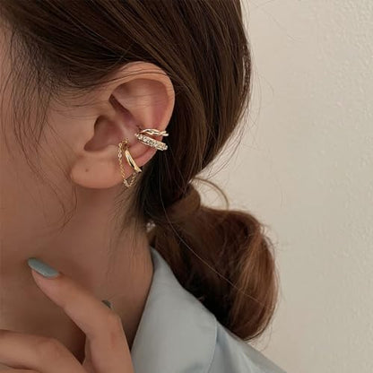 3Pcs Ear Cuffs Non Piercings for Women, Trendy Cubic Zirconia Gold Silver Clip On Cuff Earrings Set Jewelry Dainty Fake Cartilage Earring - color: Gold Chain