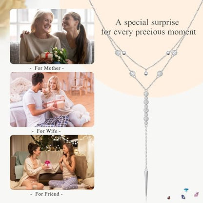 Sterling Silver Dainty Bead Layered Long Lariat Choker Necklaces for Women Boho - style: Two-Piece