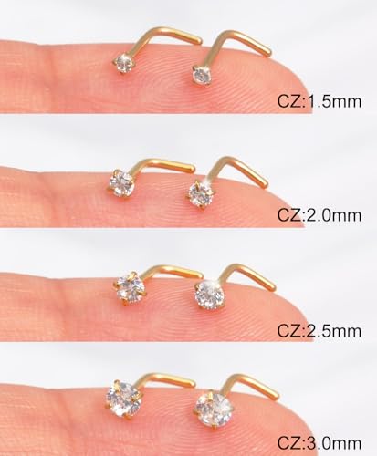 8PCS 18G 20G 22G Nose Studs, Hypoallergenic L Shaped Nose Rings Set | Gold/silver styles, 316L Surgical Stainless Steel, CZ sizes 1.5-3mm, secure fit for sensitive skin and daily wear - color: 18G L-Shaped Gold