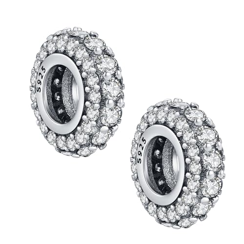 KEQ 925 Silver Spacer Stopper Bead Charms Clearance for Pandora Bracelets Birthstone CZ Always Stopper Birthday Gifts for Mom Grandmom Granddaughter Wife Sisters Friends - color: Silver(2 Pcs)