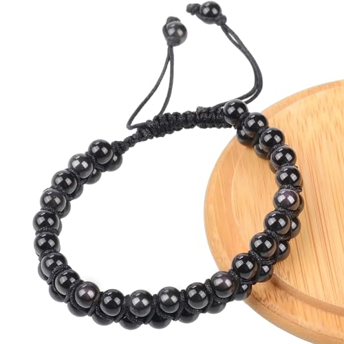 MASSIVE BEADS Double Layer Natural Chakra Healing Power Crystals Macrame Bracelet Yoga Stone Beads Gemstone Meditation Relax Anxiety Bangle for Unisex Women Men - color: Black Obsidian, size: 6mm