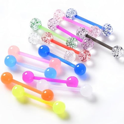 Glow in the Dark Barbell Piercing Set for Women Men 14 G Flexible Acrylic Tongue Ring Jewellery Long Nipple Piercings Bars Kit Hypoallergenic Cute Body Jewelry Stud 2 pcs - color: White
