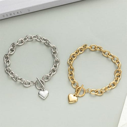 14K Gold Silver Tone Women’s Heart Charm Bracelets Toggle Clasp Stainless Steel Link Bracelet Minimalist Jewelry 7.5” - color: polish heart-gold