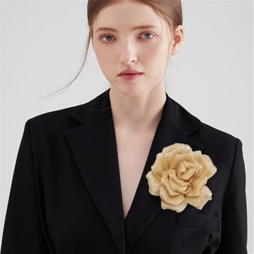 Flash Camellia Flower Brooch Pin for Women Men Elegant Texture Fabric Dahlia Rose Floral Brooches Lapel Pins Dainty Wedding Holiday Party Costume Dress Accessories Jewelry - color: Light Gold-Tone