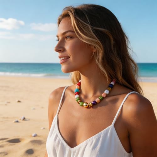 Colorful Statement Chunky Beaded Necklace for Women Trendy Y2K Boho Choker | Large Square Resin Beads Bold Summer Vacation Jewelry - color: Colorful