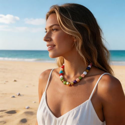 Colorful Statement Chunky Beaded Necklace for Women Trendy Y2K Boho Choker | Large Square Resin Beads Bold Summer Vacation Jewelry - color: Colorful