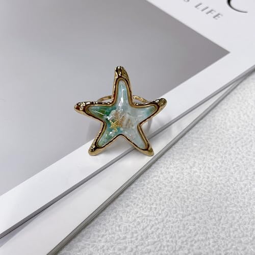 Vintage Starfish Shell Open Rings for Women Stainless Steel Gold Plated Boho Blue Ocean Sea Conch Animal Adjustabel Statement Finger Band Rings Comfirm Fit Summer Beach Holiday Fashion Jewelry