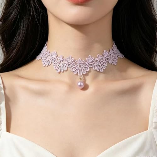 Pink Lace Choker Necklace Set, 10 Pieces - color: Purple