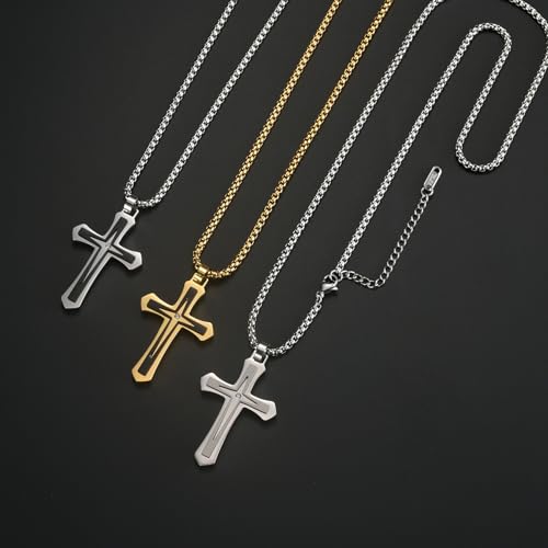 MOOSKI Cross Necklace for Men Stainless Steel Christ Jesus Jewelry 24"Chain | Religious christ Pendant ,Adjustable Rolo Chain,Gold Silver/Black Christian Jewelry Gift Women Men - color: Silver&White