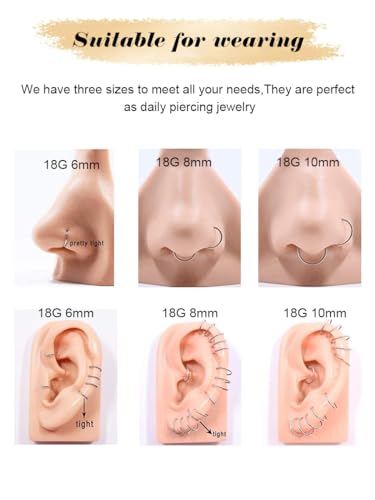 AMASIS Nose Rings and Nose Studs Set, Stainless Steel Hinged Nose Hoops and CZ Studs, Select Sizes and Styles for Nostril Septum Cartilage Piercing Jewelry - color: Silver, size: 3-Piece Hoops,18Gauge,6/8/10mm