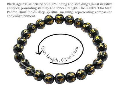Amazing Gemstone Om Mani Padme Hum Black Agate Crystal Bracelet for Women Men's Gifts - Protection Healing Crystal Bracelet - 8mm Gemstone Beaded Stretchable Bracelet Pulseras Para Hombres Mujer Stocking Stuffers Mothers Day Gift - color: Black Agate (Om