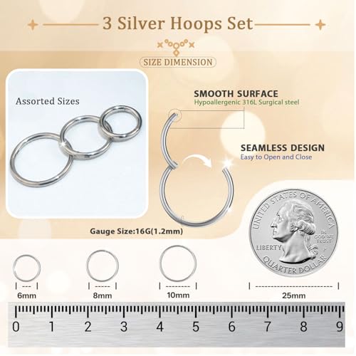 AMASIS Nose Rings and Nose Studs Set, Stainless Steel Hinged Nose Hoops and CZ Studs, Select Sizes and Styles for Nostril Septum Cartilage Piercing Jewelry - color: Silver, size: 3-Piece Hoops,16Gauge,6/8/10mm