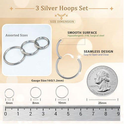 AMASIS Nose Rings and Nose Studs Set, Stainless Steel Hinged Nose Hoops and CZ Studs, Select Sizes and Styles for Nostril Septum Cartilage Piercing Jewelry - color: Silver, size: 3-Piece Hoops,16Gauge,6/8/10mm