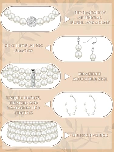 BBTO 8 Pcs Pearl Necklace and Earring Set for Women Faux Pearl Bracelet Costume Jewelry Set for Wedding Bridal Shower Party - style: Retro Style