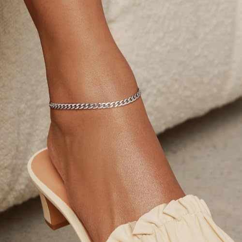 ChainsHouse Ankle Bracelets for Women, Stainless Steel Beaded Chain Ankle Bracelet, Womens Heart Anklets for Summer Beach Jewelry Gifts - color: B: cuban-5mm-stainless