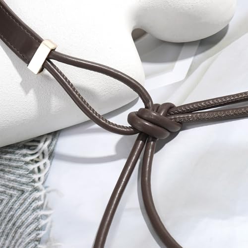 Women's Knotted Thin Waist Belt PU Leather Skinny Belts for Dresses Pants - color: Coffee