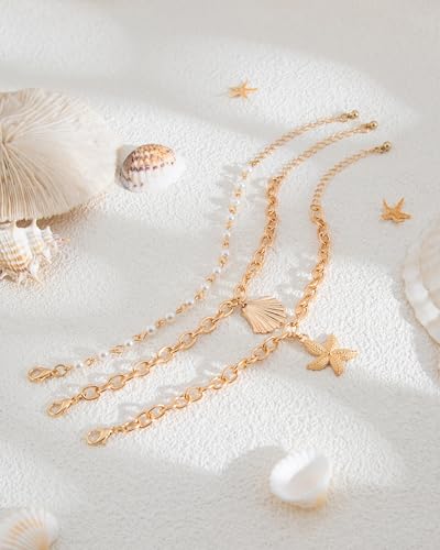 Shell Bracelets for Women Layered Seashell Starfish Bracelets Stackable Stretch Boho Beaded Bracelet Summer Beach Surfer Bracelet Seaside Beach Dress Outfits Accessories - color: B4:gold shell bracelets