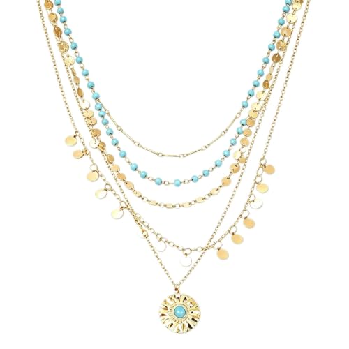 Boho Necklaces for Women, Layered Gold Coin Necklace Set, Bohemian Style Jewelry Collection, Four Piece Layered Chain Design, Gold Tone Metal Construction, Versatile Everyday Accessories - color: Gold B