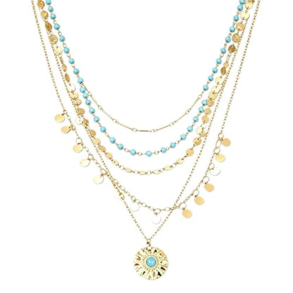 Boho Necklaces for Women, Layered Gold Coin Necklace Set, Bohemian Style Jewelry Collection, Four Piece Layered Chain Design, Gold Tone Metal Construction, Versatile Everyday Accessories - color: Gold B
