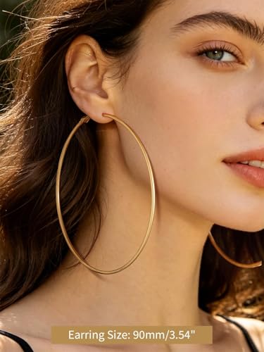 FindChic Thin Hoop Earrings for Women,Silver/Black/Gold Plated 20-100mm - color: Gold, size: 90mm