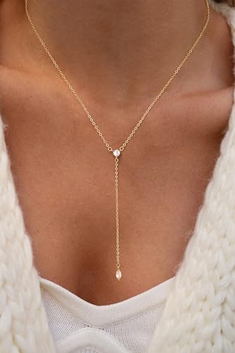 Lariat Gold Necklace for Women, Dainty Long Necklaces 14k Gold Plated Y-Shaped Layered Drop Necklaces for Women Trendy Simple Gold Jewelry for Prom Vacation Gifts - color: Two CZ Y Necklace-Gold