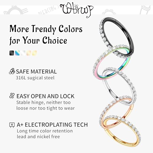 WBRWP 316L Stainless Steel Nose Hoop Rings Clicker with Zircon/Opal 14g-20g | Hypoallergenic Nose Rings Segment Clicker Lip Rings Cartilage Rook Conch Earrings Diameter 5mm-10mm - color: Black ring with zircon -1pc Pack