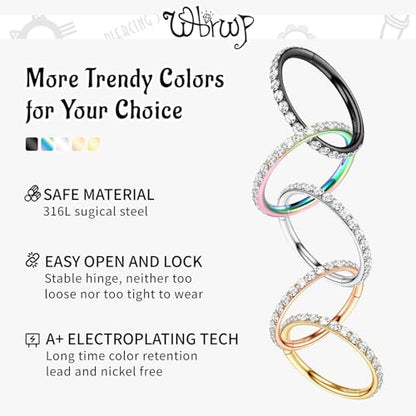 WBRWP 316L Stainless Steel Nose Hoop Rings Clicker with Zircon/Opal 14g-20g | Hypoallergenic Nose Rings Segment Clicker Lip Rings Cartilage Rook Conch Earrings Diameter 5mm-10mm - color: Silver ring with zircon -1pc Pack