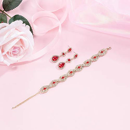 Paxuan Silver/Gold Plated Bridal Wedding Rhinestone Earrings Bracelet Set for Wedding Brides Bridesmaids Crystal Stone Dangle Drop Earrings Link Tennis Bracelet Set for Women Wedding - color: Red - Bracelet and Earrings Set