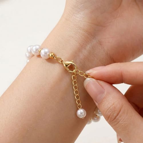 Fizzlup 2Pcs Pearl And Gold Initial Bracelet Set，Dainty Pearls Bracelets Jewelry for Women Wedding Prom Trendy Crystal Charm Cuff Stack Bead Linkbracelet Personalized Gift Stuff Letter - color: I