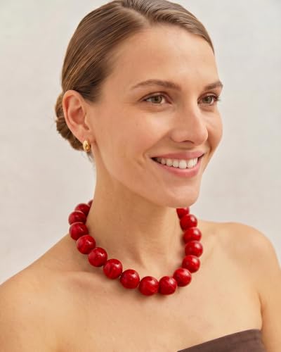 Chunky Beaded Choker Necklace for Women Boho Statement Necklace with Large Pearl Blue Brown Tone Resin Beads Summer Beach Jewelry Gifts - color: Red