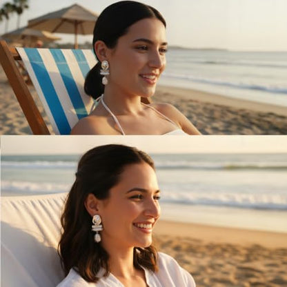 Statement Pearl Dangle Earrings,large Pearls Vacation Earrings with Crystal,Party Jewelry Gift for Women - color: Silver tone