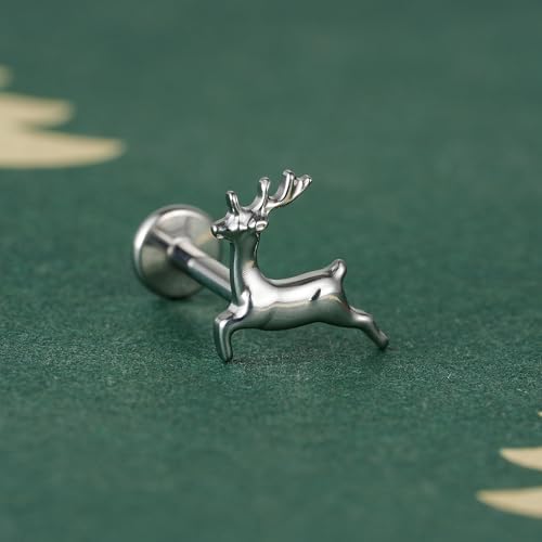 FINE4U Cartilage Christmas Piercing Jewelry 16G 6mm 8mm - ASTM F136 Titanium, Flat Back Labret Stud for Helix Flat Lobe, Elk Minimalist Earring, Squirrel Earrings - color: Deer - Tit