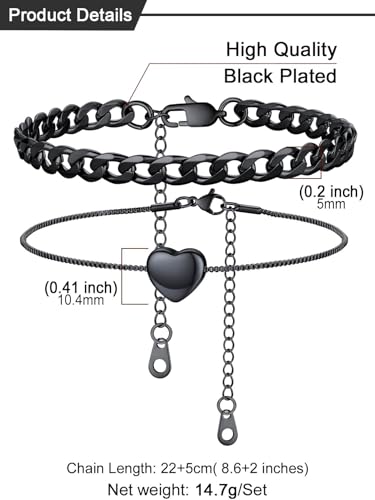 U7 2Pcs/3Pcs Ankle Bracelets for Women, Stainless Steel Cuban Link/Figaro/Rope/Heart Chain Anklets Sets,Waterproof Layered Anklets Adjustable 8.5"-10.5" - color: 02. 2Pcs Style B-Black