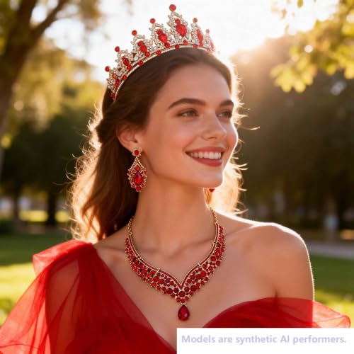 Kamirola Bridal Wedding Tiara Crown Jewelry Set for Women/Brides/Bridesmaids Crystal Jewelry Set for Wedding Prom Party Bridal Crystal Necklace Earrings Bracelet Set(TR60) - color: Gold Red